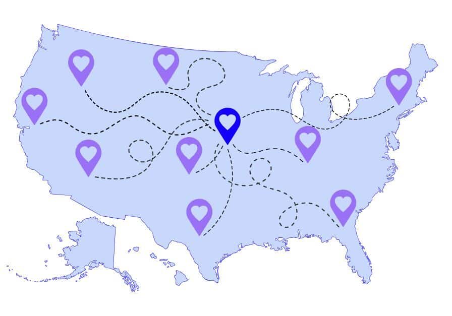Map of the USA featuring pins marking each state for easy identification and reference.